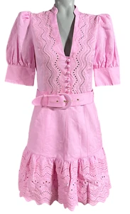 REBECCA VALLANCE PINK EMILE BELTED BRODERIE ANGLAISE LINEN BLEND MINI DRESS 2 - Picture 1 of 18