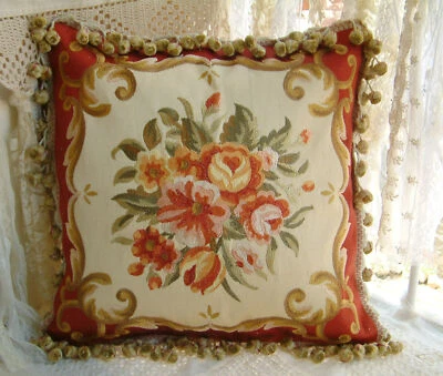 16" Vintage Aubusson Design Burgandy Beige Full Embroidery Pillow Cushion Sham - Image 1 of 4