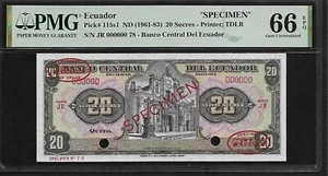 Ecuador Specimen 20 Sucres 1961-83 PMG 66 UNC P#115s1 PMG Population 1/0 - Picture 1 of 4