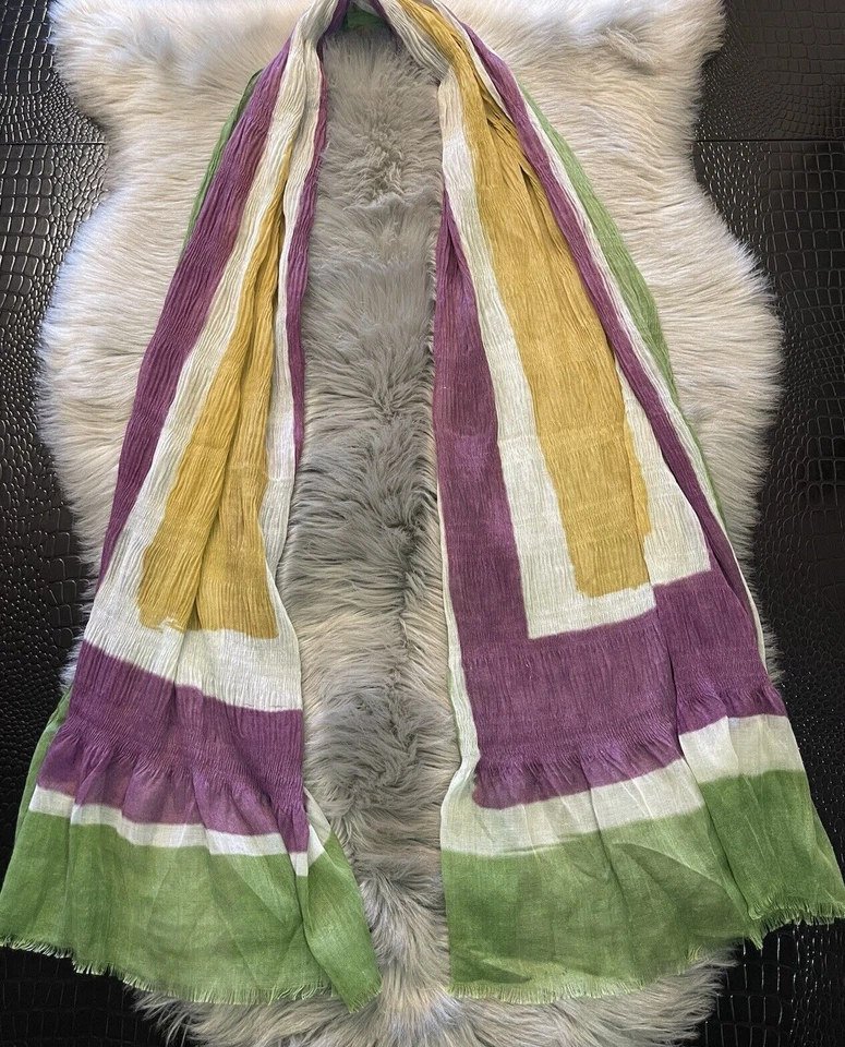 Bufanda Azul Pacífico Mezcla de Seda Lino Scrunch Delicado Tejido Volantes Dobladillo Multicolor  Foto 1 de 4