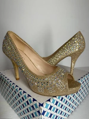 Tacones para mujer Bonnibel dorados brillantes peep toe talla 7,5 Foto 1 de 4