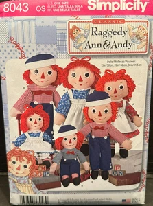 Simplicity Raggedy Ann & Andy 15" - 36" Doll Pattern 8043 OS - Picture 1 of 3