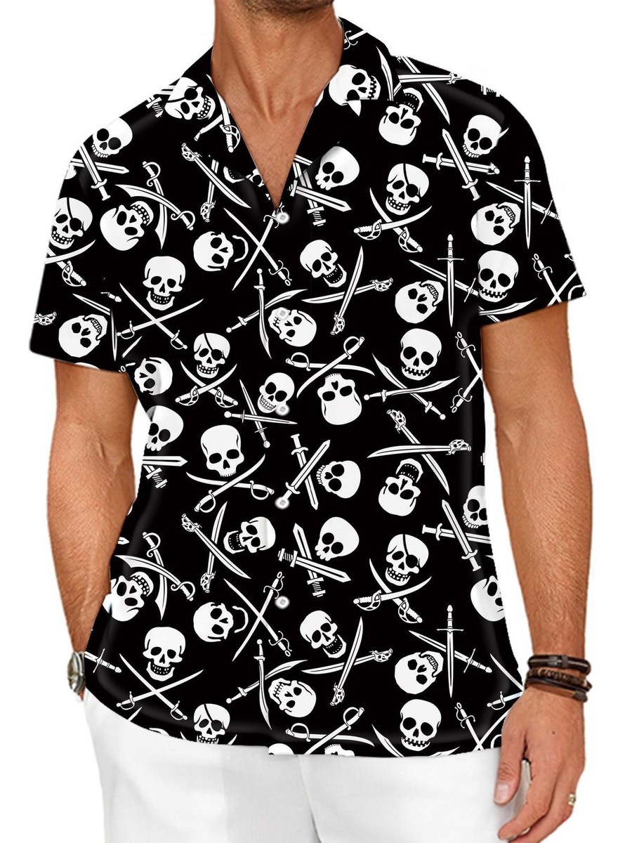 VISESUNNY Men's Hawaiian Shirt - Skull & Flower Cherry Print Short Sleeve Aloha Shirt - View #6