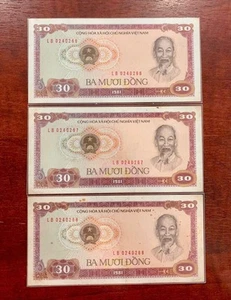 [14122414D] Lot 3 ls Vietnam 30 dong 1980 1981 XF AU UNC Banknotes Notestamps - Picture 1 of 4