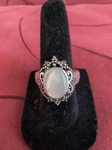 Vintage Silver Oval Bezel Set Moonstone Ring Surrounded by Marcasite Design Sz 7 - Picture 1 of 6