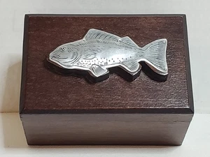 Trinket Box Wood Metal Fish Appliqué Unhinged Lid 3”W x 4.5”L Fishing Sportsman - Picture 1 of 24