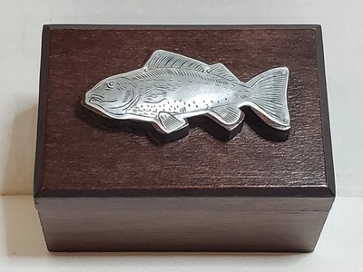 Trinket Box Wood Metal Fish Appliqué Unhinged Lid 3”W x 4.5”L Fishing Sportsman - Image 1 of 4