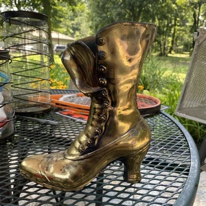 Vintage Solid Brass Victorian Lady's Boot Shoe Vase Planter Distressed Heavy - Picture 1 of 8