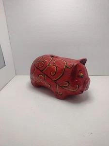 Salvadanaio vintage fatto a mano in cartapesta 9" arte popolare rosso, oro, nero dipinto a mano - Foto 1 di 8