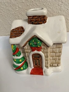 Vintage Russ Berrie Earthenware Snow House Votive Candle Holder Christmas Tree - Picture 1 of 5