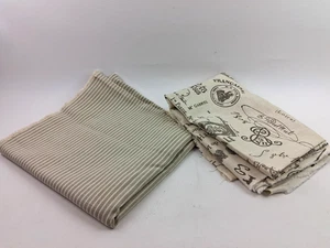 French Postal Script & Tan Ivory Striped Canvas Upholstery Fabric Lot 3+ yds - Picture 1 of 9