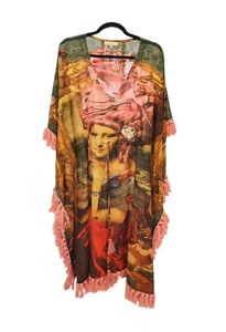 Chloe Laetitia Paris Mona Lisa Print Kaftan/Cover-up W/Pink Fringe O/S NWOT - Picture 1 of 4