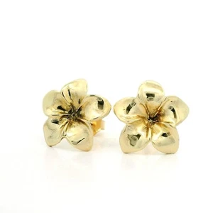 14k Yellow Gold 3D Detailed Plumeria Flower Polished Stud Earrings - Picture 1 of 5