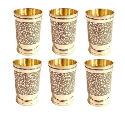 Pure Brass Mughlai Style Embossed Design Glass Tumbler,250 ML  Set of 6 - Image 1 of 4