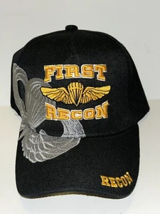VETERAN HAT / USMC FIRST RECON (BLACK) ADJUSTABLE STRAP/ONE SIZE FITS ALL - Picture 1 of 16