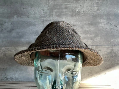 Vintage 80s Dunn & Co Tweed Wool Herringbone Harris Trilby Fedora Hat Size 7 3/8 - Image 1 of 4