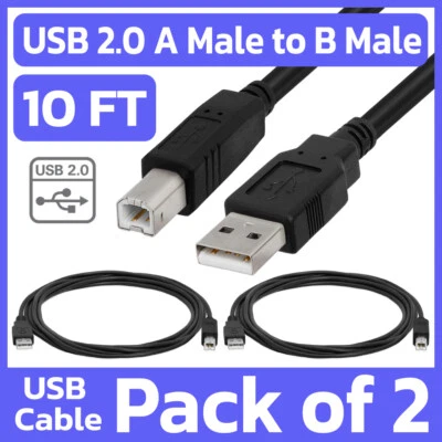 2 Pack Printer Cable 10ft USB 2.0 A Male to B Male Cord for HP Epson Canon Dell - Image 1 of 4
