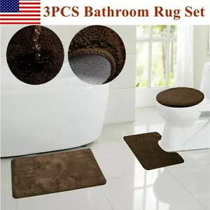 3Pcs Bathroom Set Rug Non-Slip Pedestal Rug Toilet Lid Cover Soft Bath Mat Brown - Picture 1 of 4