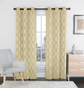 Two (2) Natural Linen and Beige Window Curtain Panels: 76" x 84", Grommets, IKAT - Picture 1 of 2