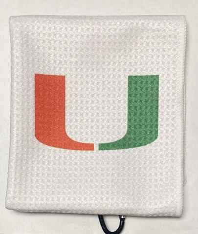 Miami Hurricanes Golf Towel, 12 x 20, with carabiner, White/Black Cover