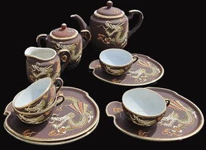 RARE!!! Vintage Japanese "Dragonware" Porcelain TEA SET *11 Pc* Matte Brown - Picture 1 of 12