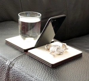 Laser Cut Wood Sofa Armrest Table with Phone and Tablet Stand, Small Tray - Picture 1 of 4