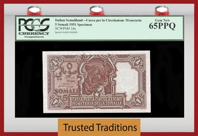 TT PK 16s 1951 ITALIAN SOMALILAND 5 SOMALI SPECIMEN "LEOPARD" PCGS 65 PPQ GEM - Image 1 of 2
