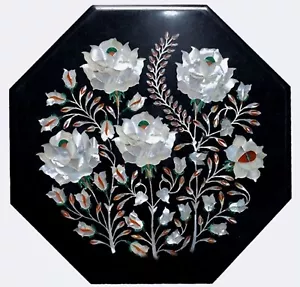 Mesa de comedor de mármol negro con forma de octágono de 24" con incrustaciones de mopa con patrón de mosaico mesa hogar - Imagen 1 de 8