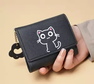 Foldable Wallet Cat Kitten Clutch Coin Purse Black Leather Trifold Credit Card - Picture 1 of 3