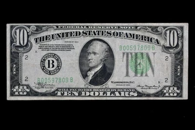 NEW LOW SERIAL # $10 1934 Mule dark blue-green seal FRN B00597809B plain series - Image 1 of 3