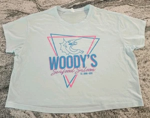WOODYS SEAFOOD CROPPED SHIRT WOMENS LARGE ST JOHN USVI BLUE FISH RETRO BEACH NEW - Picture 1 of 6