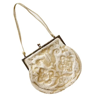 Antique 20s 30s France Art Deco Micro Beaded Flower Purse Brass Evening Flapper - Image 1 of 4