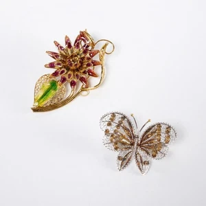 Vintage Sterling Silber Brosche Paar Garten Blume Schmetterling Gold Vermeil Emaille - Bild 1 von 8