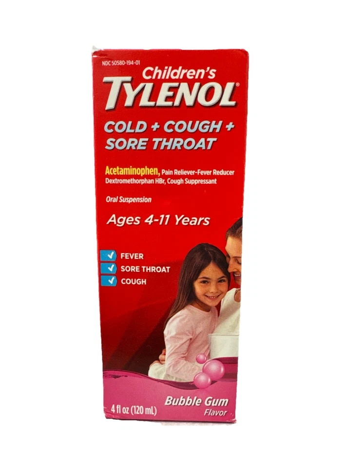 Tylenol Infantil Resfriado + Tosse + Dor de Garganta, Idades 4-11, Chiclete, 4 fl oz - Imagem 1 de 1