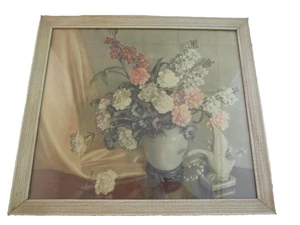 Vintage Floral with Swan Still Life Framed Print Light Color Wood 17.5"x15.5" - Picture 1 of 7