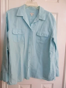 TALBOTS AQUABLAUE BLUSE AUS LEINENMISCHUNG MIT KREMPELN UND ÄRMELN UND GEKNÖPFT GRÖSSE LARGE - Bild 1 von 6