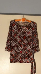 Chico's Knit Top Misses L Brown Ivory Orange Polyester Side Tie Chico's Size 1 - Picture 1 of 5