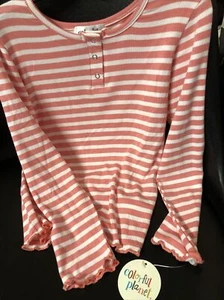 Girls Long Sleeve Henley Ruffled Waist, Snap Buttons, Peach Striped, size 6/6X - Picture 1 of 7