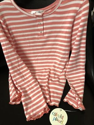 Girls Long Sleeve Henley Ruffled Waist, Snap Buttons, Peach Striped, size 6/6X - Image 1 of 4