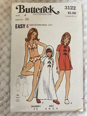 🌷VTG Butterick 3122 Girls 4-12 BIKINI SWIMSUIT Dress Cover-up Pattern Uncut - Image 1 of 4