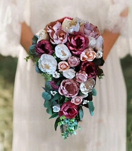 Mauve Pink Burgundy Cascade Sola Wood Bridal Bouquet Artificial Wedding Flowers - Picture 1 of 28