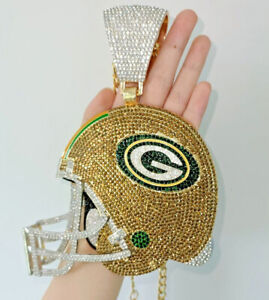 Necklace For Green Bay Packers Helmet 6" Medallion Bling Pendant Fan + Chain 23"