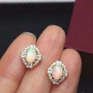 3Ct Oval-Cut Simulated Fire Opal Stud Earrings 14K Yellow Gold Plated