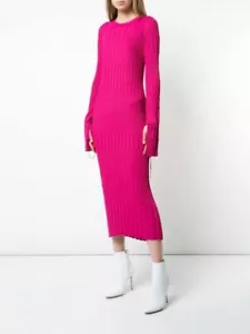 CAROLINA HERRERA Pink Fuchsia Ribbed Stretch Knit Long Flare Sleeve Dress S 4/6 - Picture 1 of 12