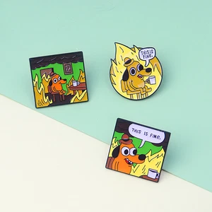 THIS IS FINE Fire Enamel Pins Cartoon Dog Brooch Lapel Pin Funny Animal Ba'yg