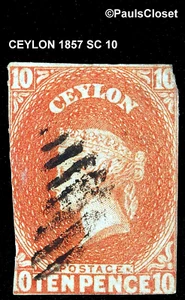 CEYLON 1857 SC 10 QUEEN VICTORIA 10p VERMILION IMPERFORATE UNG FANCY CNX F/VFINE - Picture 1 of 2