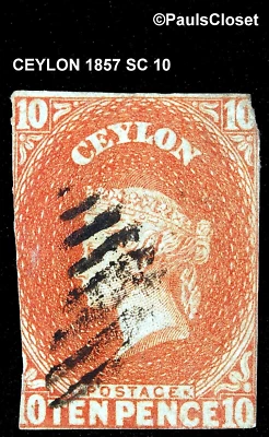 CEYLON 1857 SC 10 REINA VICTORIA 10p VERMILION IMPERFORATE UNG ELEGANTE CNX F/VFINE Foto 1 de 2