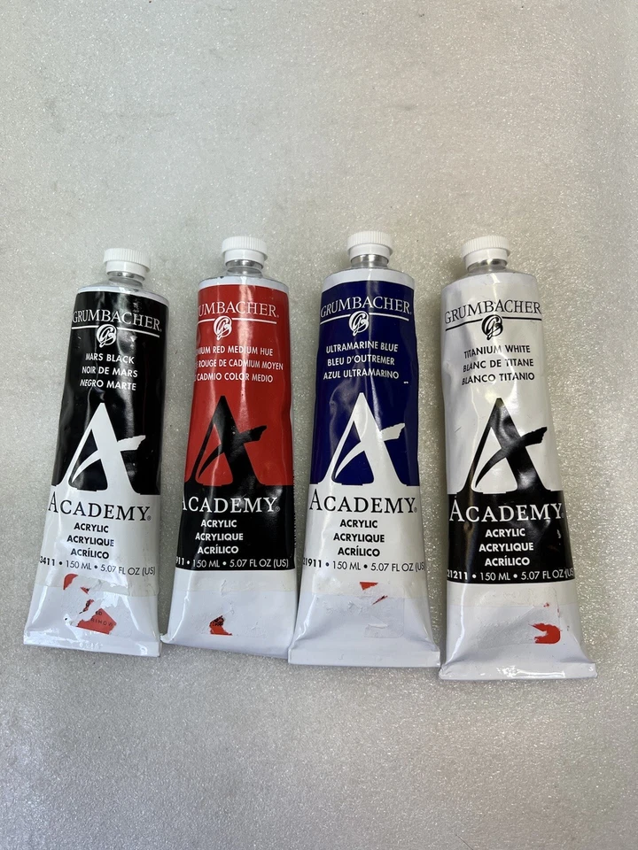 Vintage Grumbacher Academy Acrylic Paint 150ml/5.07 oz Black, Red, Blue, White - Image 1 of 4