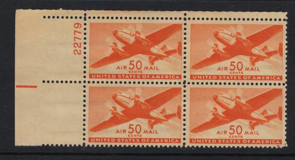 1946 Transport Plane Sc C31 50c Airmail MNH plate block Durland CV $60 - Image 1 of 1