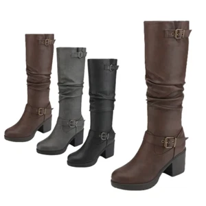 Women's Low Chunky Heel Fur Knee High Zip Riding Boots Shoe Size US - Picture 1 of 4